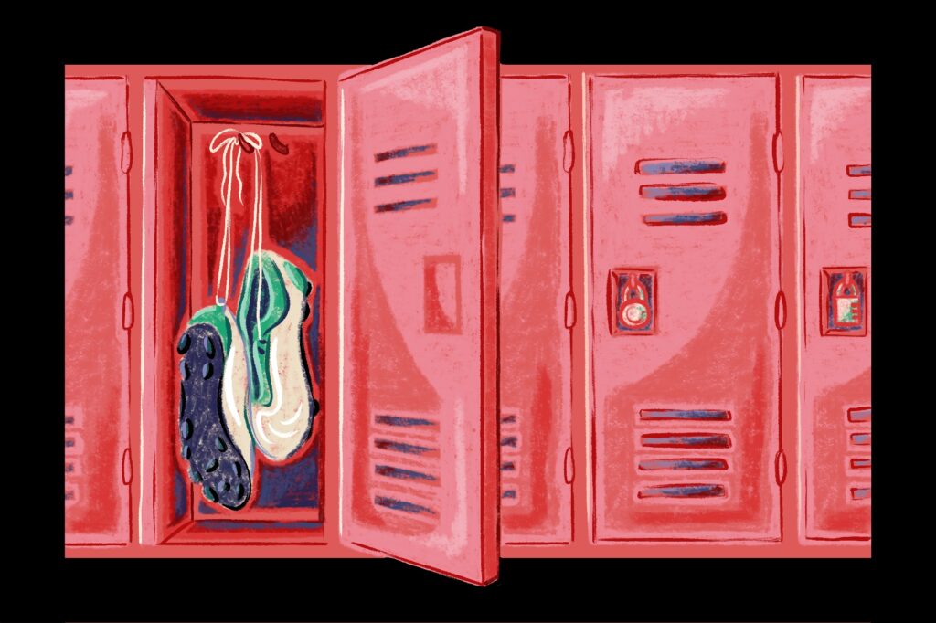 Illustration by Maha Ghani of a set of three lockers. One locker is open, showing football boots hanging inside. The illustration is in an oil pastel style and uses a pink, green and purple colour scheme.