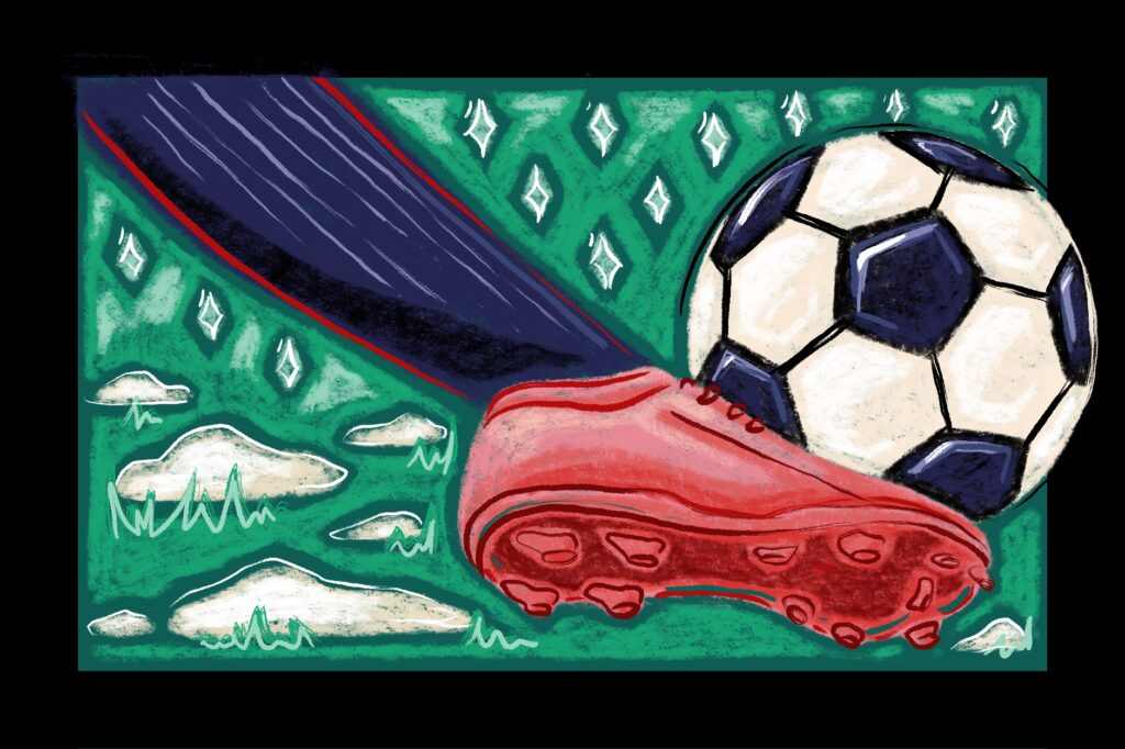 Illustration by Maha Ghani of a ball being kicked in the snow. It is a close-up of the ball and foot, which is wearing a football boot. The illustration is in an oil pastel style and uses a pink, green and purple colour scheme.