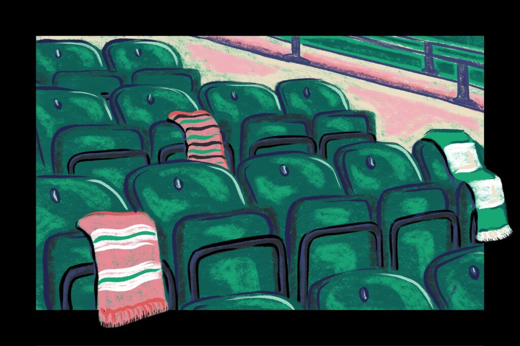 Illustration by Maha Ghani of an empty football stand. Three of the chairs have a striped scarf draped over the back. The illustration is in an oil pastel style and uses a pink, green and purple colour scheme.